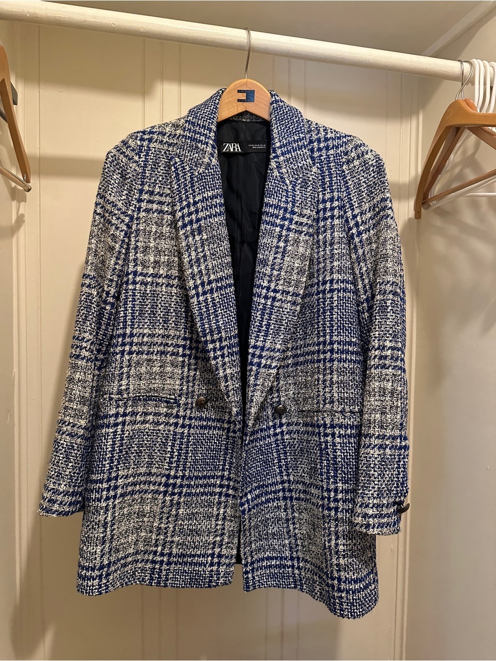 Zara Navy Blue and White Plaid Blazer